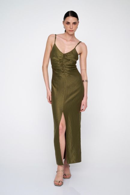 Shirred-detail dress in satin texture - Olive