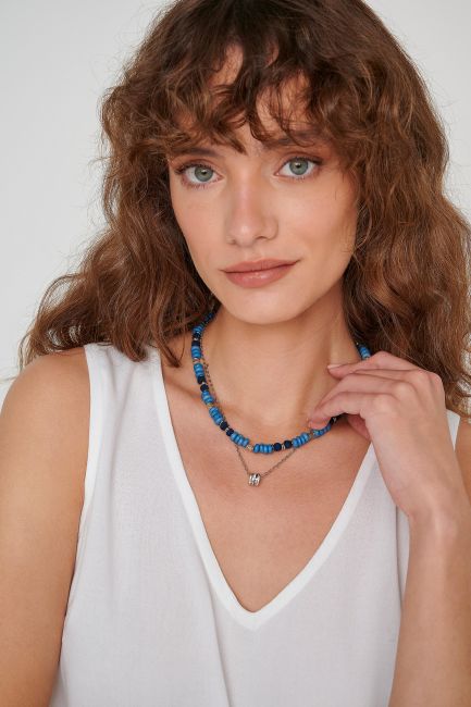 Stainless steel layering beaded necklace - Blue