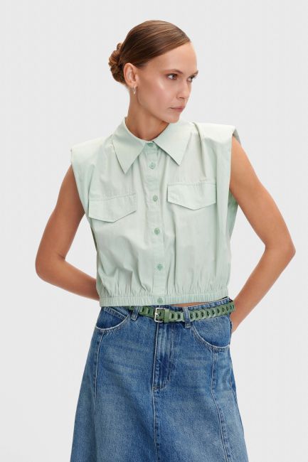 Shoulder-pad elastic hem sleeveless shirt - Mint