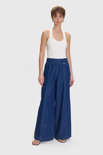 Wide-leg denim-effect trousers - Blue