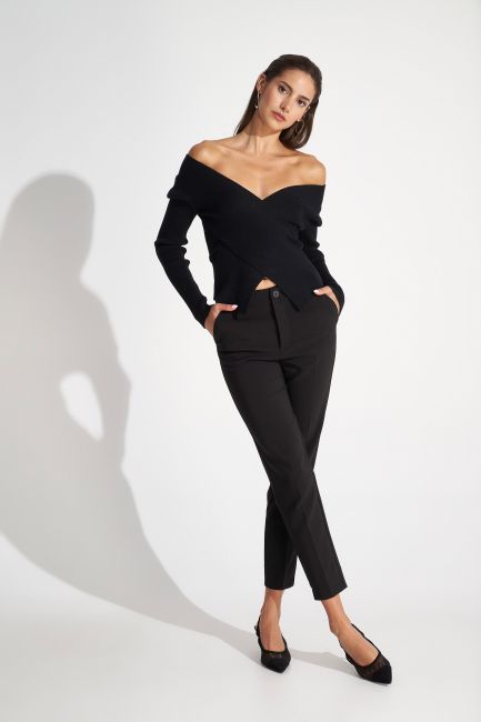 Rib-knit wrap blouse - Black