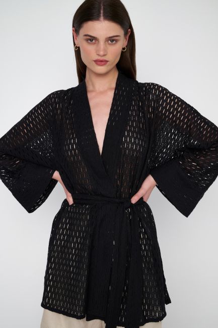 Perforated belted kimono - Black